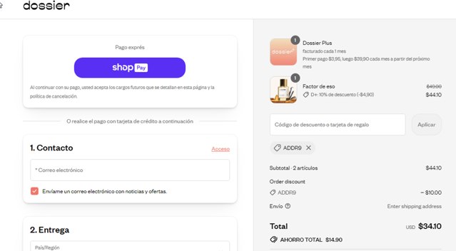 Dossier checkout page showing Dossier discount code box | Screenshot taken by SimplyCodes community member on Aug 22, 2025