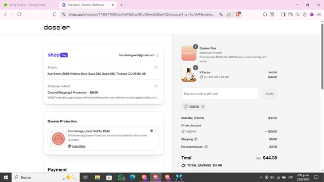 Dossier checkout page showing Dossier discount code box | Screenshot taken by SimplyCodes community member on Aug 23, 2025