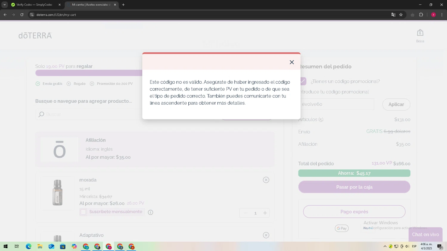 doTERRA promo code screenshot showing code evolve60 applied at doTERRA checkout page. Uploaded by SimplyCodes community member TreasureTitan9744 on Mar 4, 2025