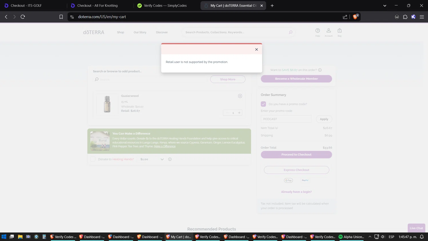 doTERRA promo code screenshot showing code PODCAST applied at doTERRA checkout page. Uploaded by SimplyCodes community member SoulPower on Feb 24, 2025