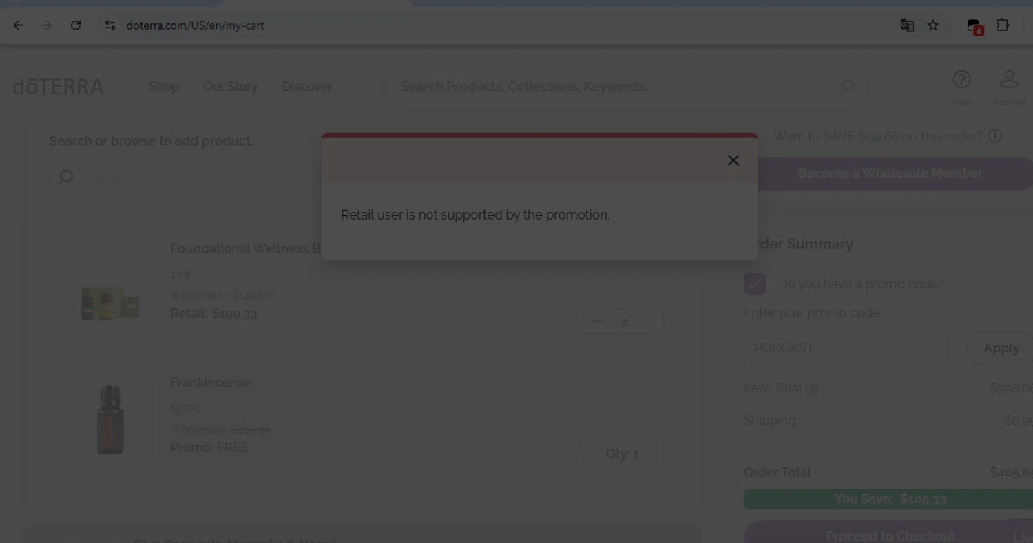 doTERRA checkout page showing doTERRA promo code box | Screenshot taken by SimplyCodes community member on Dec 15, 2024