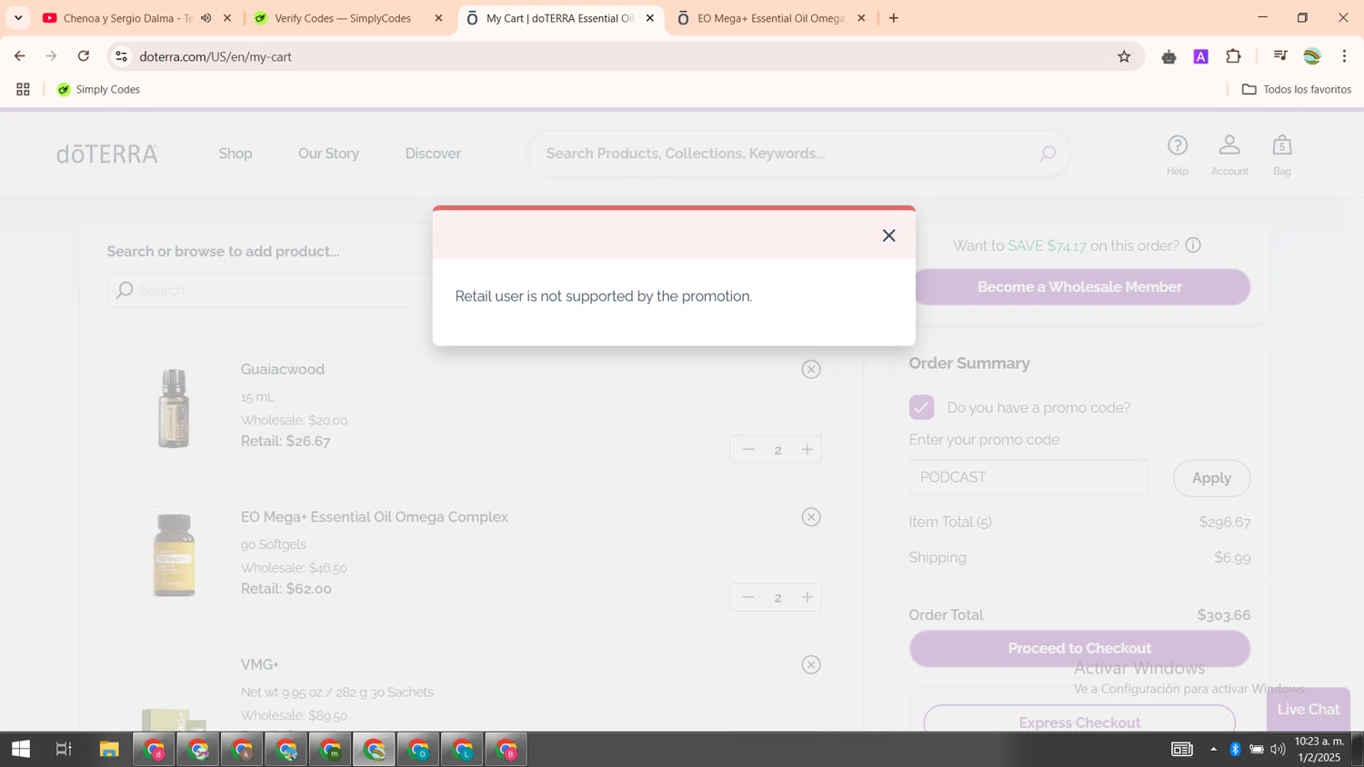 doTERRA promo code screenshot showing code PODCAST applied at doTERRA checkout page. Uploaded by SimplyCodes community member CoinMaven5220 on Feb 1, 2025