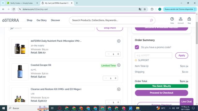 doTERRA checkout page showing doTERRA promo code box | Screenshot taken by SimplyCodes community member on Nov 21, 2024