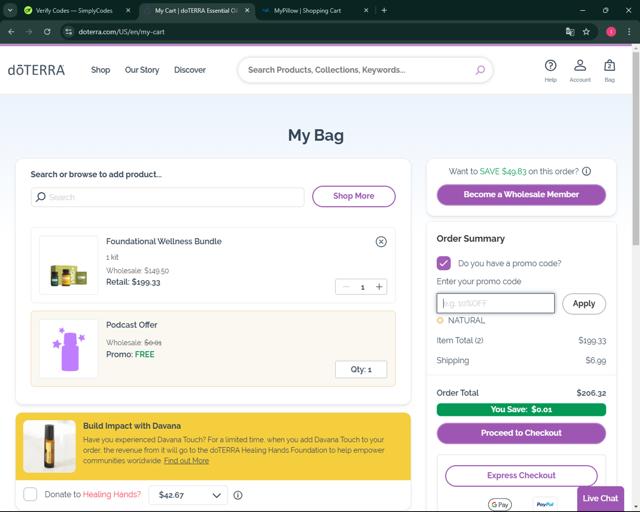 doTERRA checkout page showing doTERRA promo code box | Screenshot taken by SimplyCodes community member on Nov 28, 2024