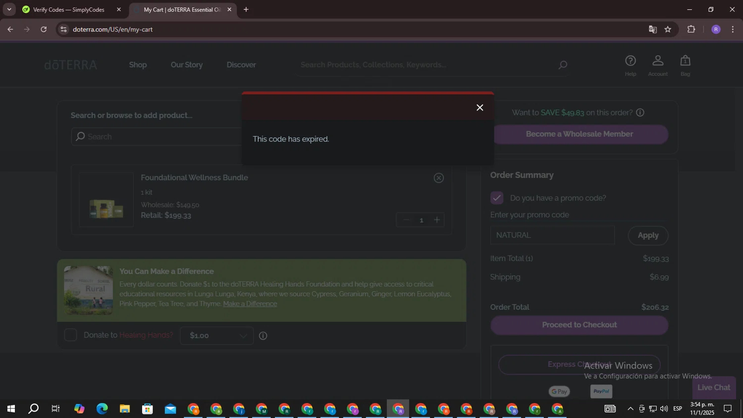 doTERRA promo code screenshot showing code NATURAL applied at doTERRA checkout page. Uploaded by SimplyCodes community member CouponBoss4754 on Jan 11, 2025