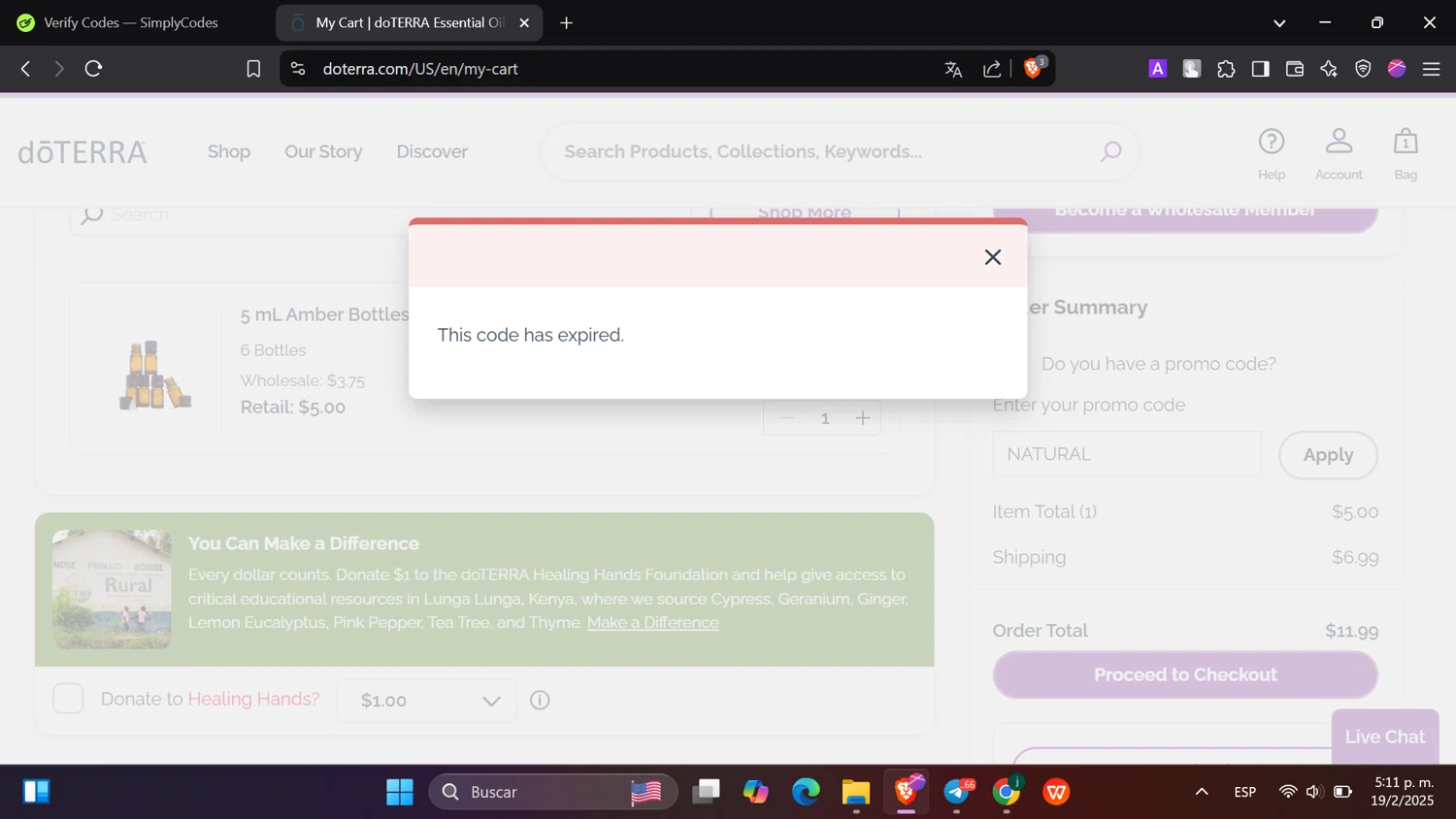doTERRA promo code screenshot showing code NATURAL applied at doTERRA checkout page. Uploaded by SimplyCodes community member hanzell2 on Feb 19, 2025