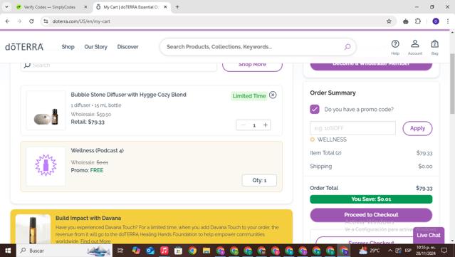 doTERRA checkout page showing doTERRA promo code box | Screenshot taken by SimplyCodes community member on Nov 29, 2024
