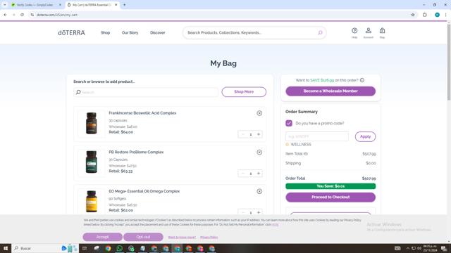 doTERRA checkout page showing doTERRA promo code box | Screenshot taken by SimplyCodes community member on Nov 23, 2024