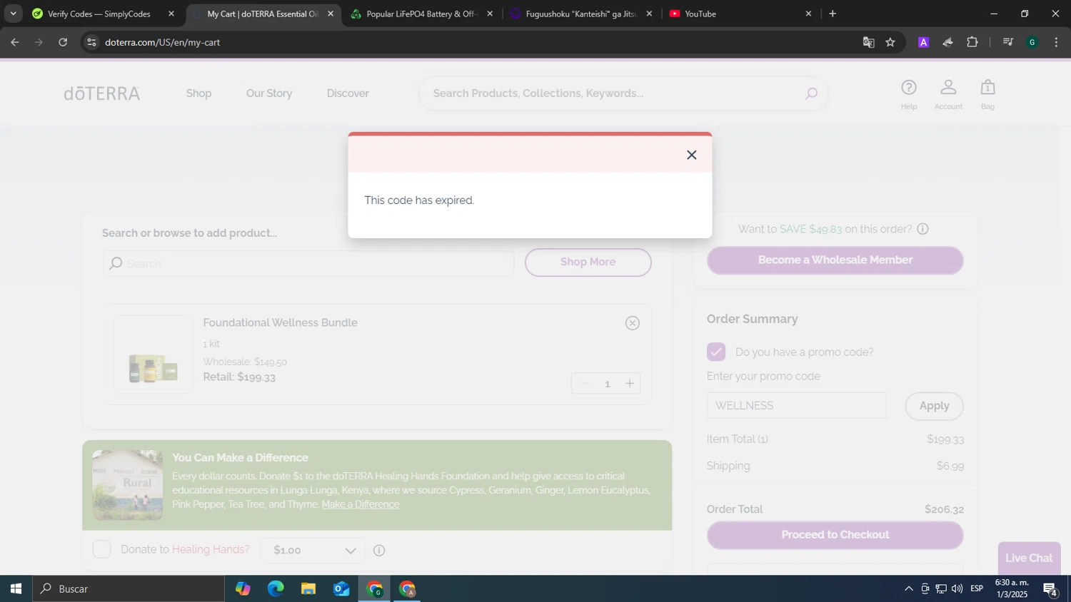 doTERRA promo code screenshot showing code WELLNESS applied at doTERRA checkout page. Uploaded by SimplyCodes community member tonikros on Mar 1, 2025
