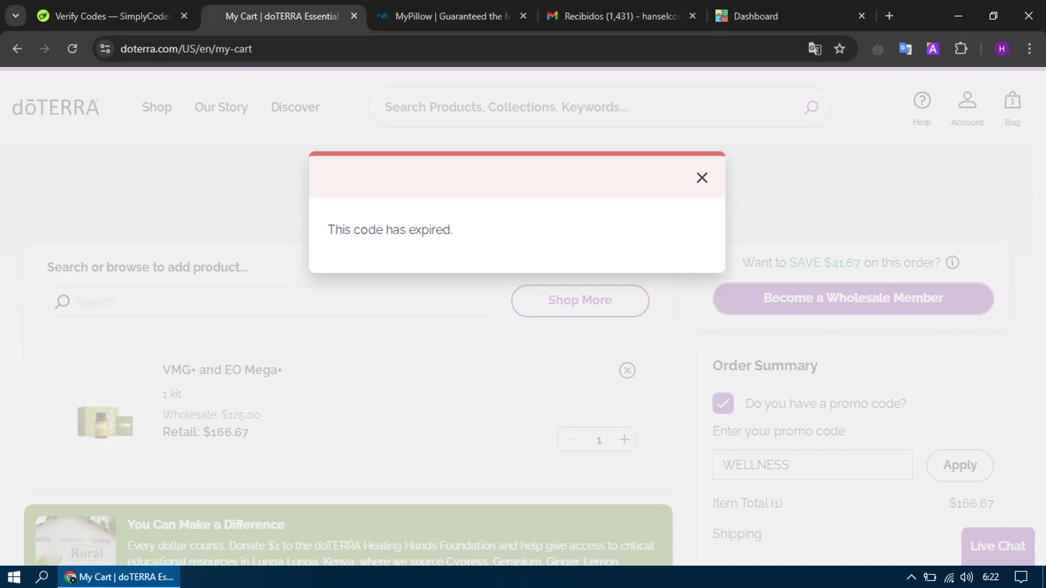 doTERRA promo code screenshot showing code WELLNESS applied at doTERRA checkout page. Uploaded by SimplyCodes community member tumiedo on Mar 1, 2025