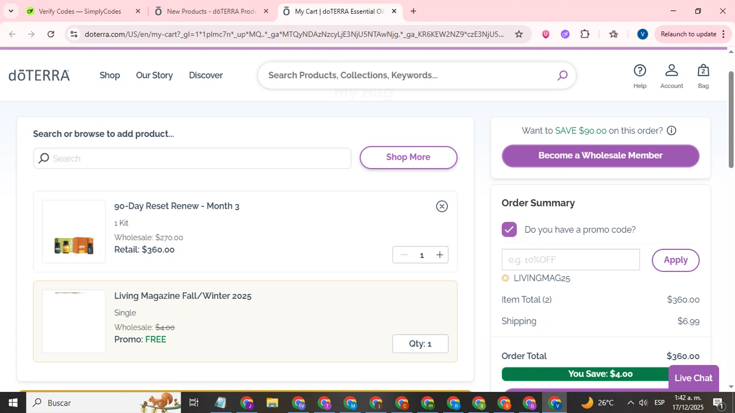 doTERRA promo code screenshot showing code LIVINGMAG25 applied at doTERRA checkout page. Uploaded by SimplyCodes community member CrownTitan5376 on Dec 17, 2025
