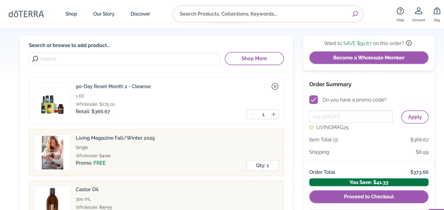 doTERRA promo code screenshot showing code LIVINGMAG25 applied at doTERRA checkout page. Uploaded by SimplyCodes community member JasnibelEgu on Feb 19, 2026