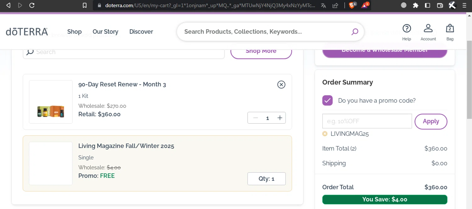 doTERRA checkout page showing doTERRA promo code box | Screenshot taken by SimplyCodes community member on Nov 3, 2025