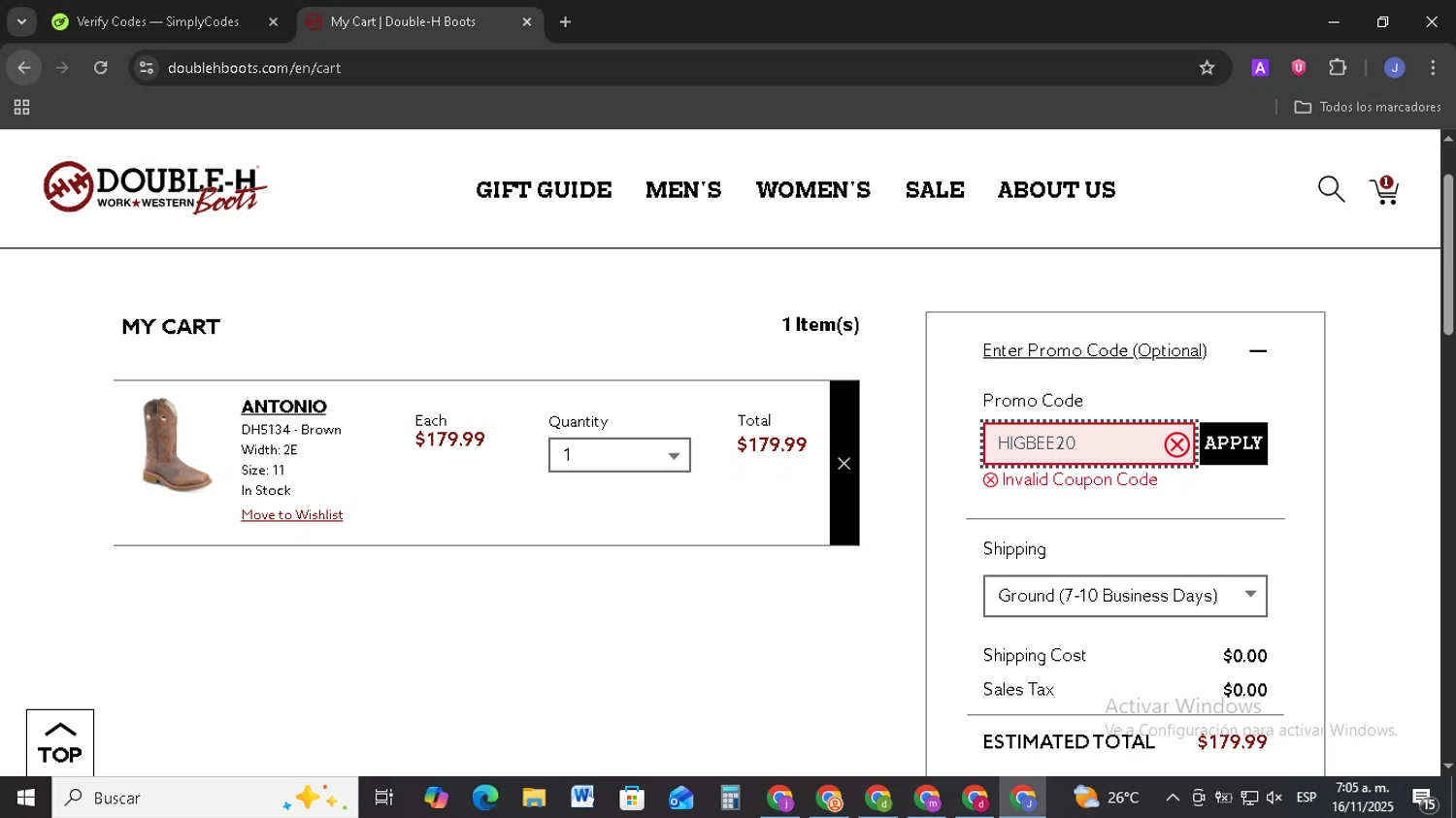 Double-H Boots promo code screenshot showing code HIGBEE20 applied at Double-H Boots checkout page. Uploaded by SimplyCodes community member EpicSage3474 on Nov 16, 2025