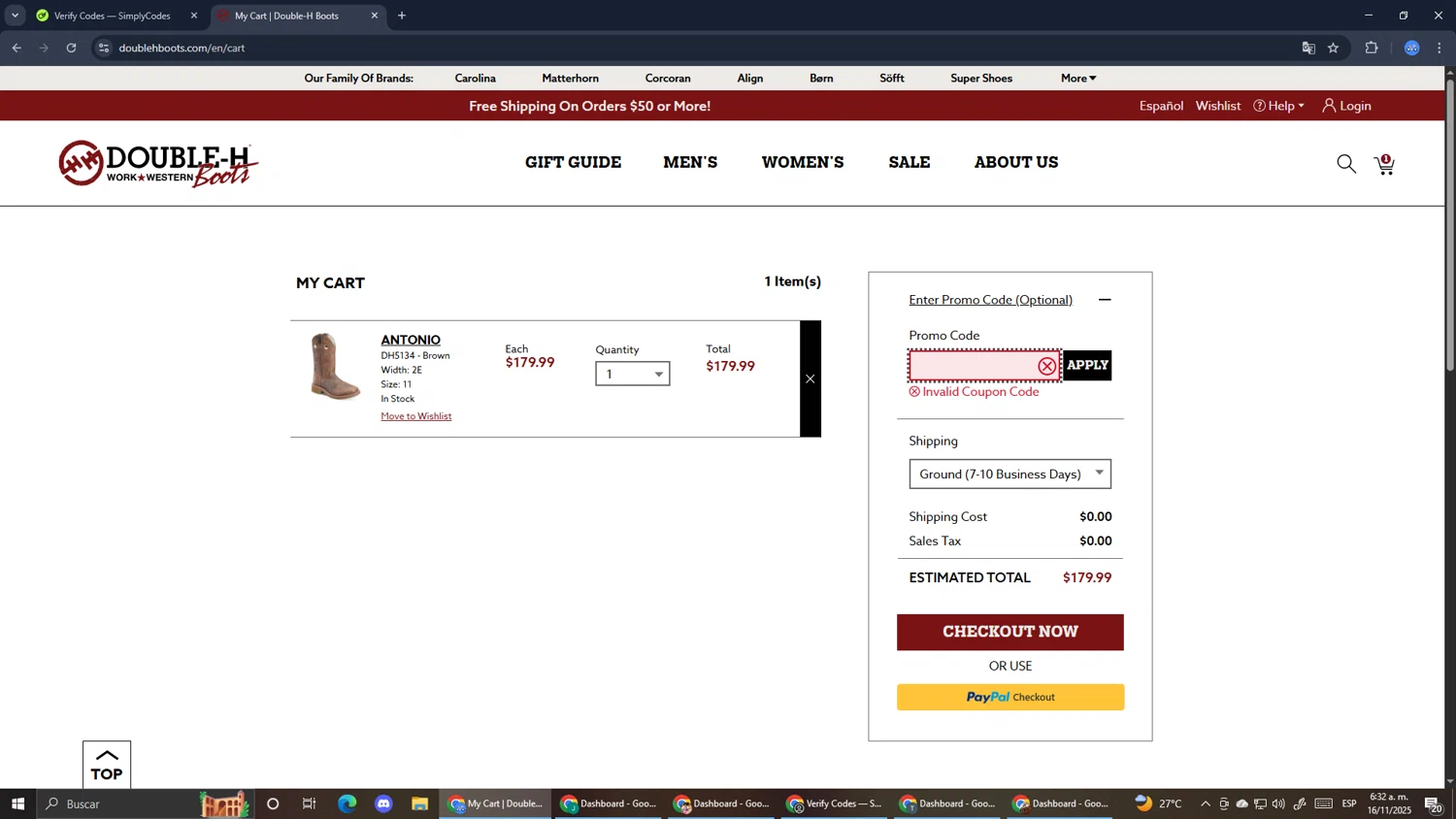 Double-H Boots promo code screenshot showing code HIGBEE20 applied at Double-H Boots checkout page. Uploaded by SimplyCodes community member RoyalExpert3857 on Nov 16, 2025