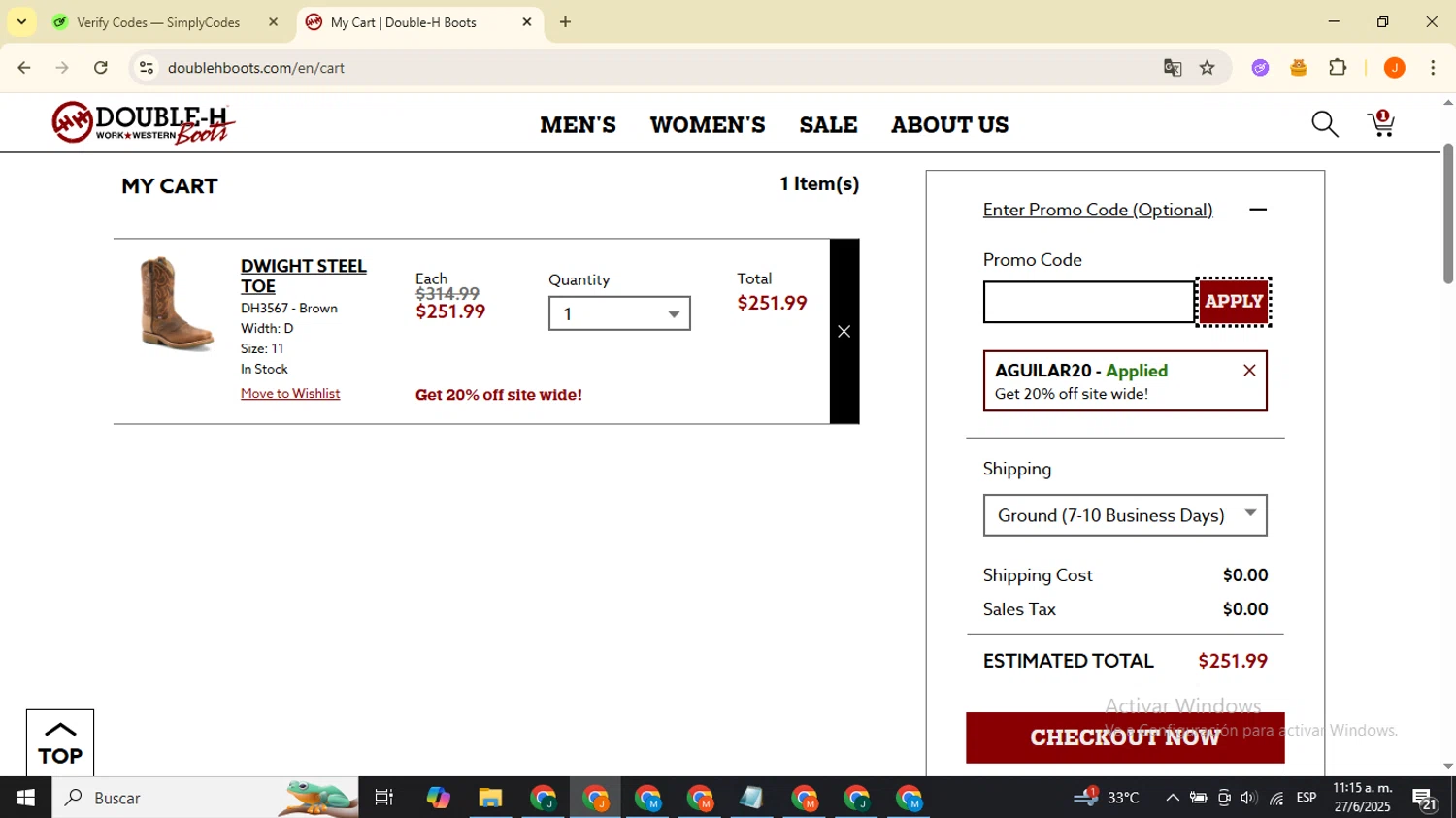 Double-H Boots promo code screenshot showing code AGUILAR20 applied at Double-H Boots checkout page. Uploaded by SimplyCodes community member FortunateSleuth7958 on Jun 27, 2025