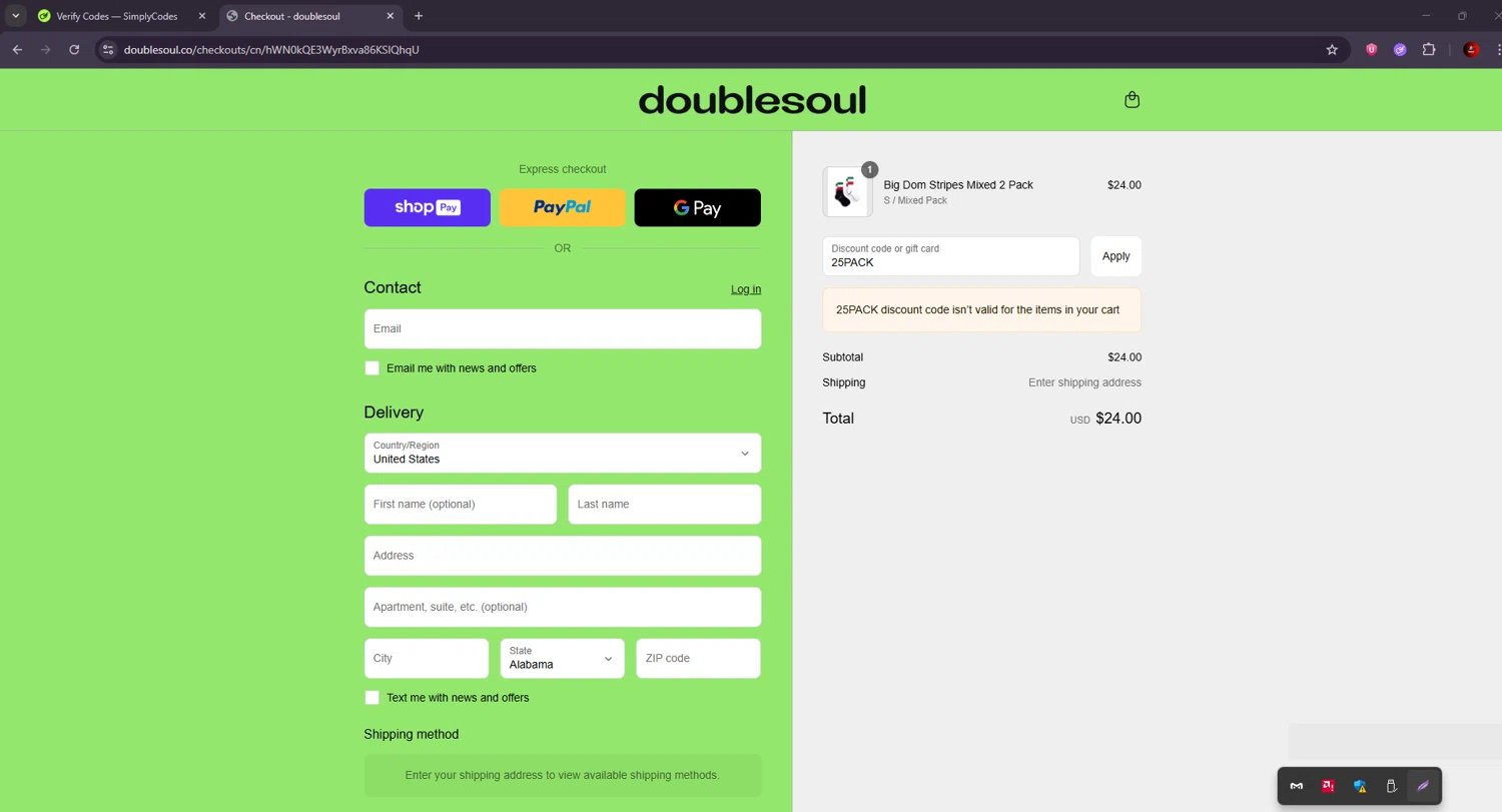 Doublesoul discount code screenshot showing code 25PACK applied at Doublesoul checkout page. Uploaded by SimplyCodes community member BrilliantSaver7516 on Jul 18, 2025