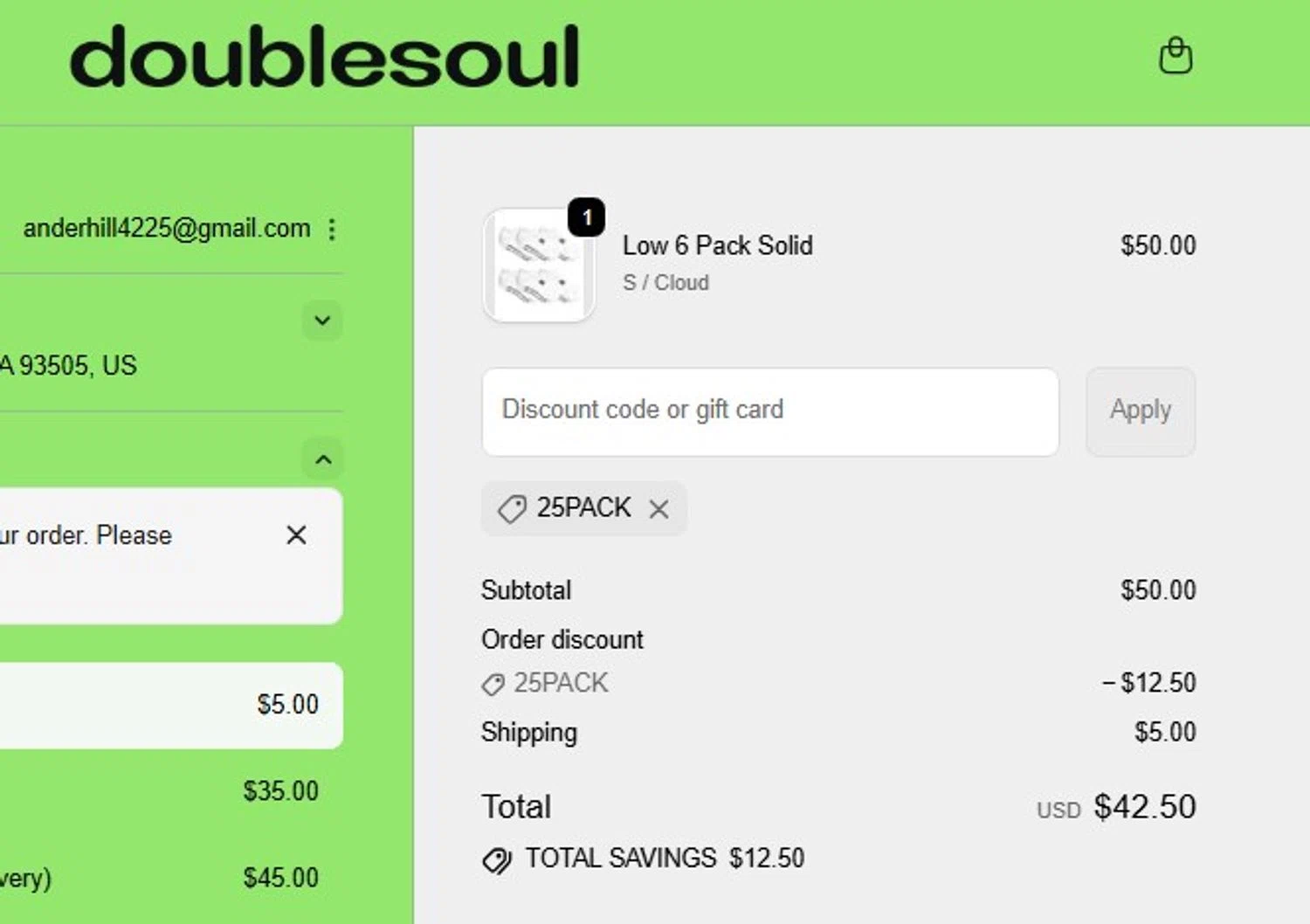 Doublesoul discount code screenshot showing code 25PACK applied at Doublesoul checkout page. Uploaded by SimplyCodes community member Elcompa on Nov 18, 2025