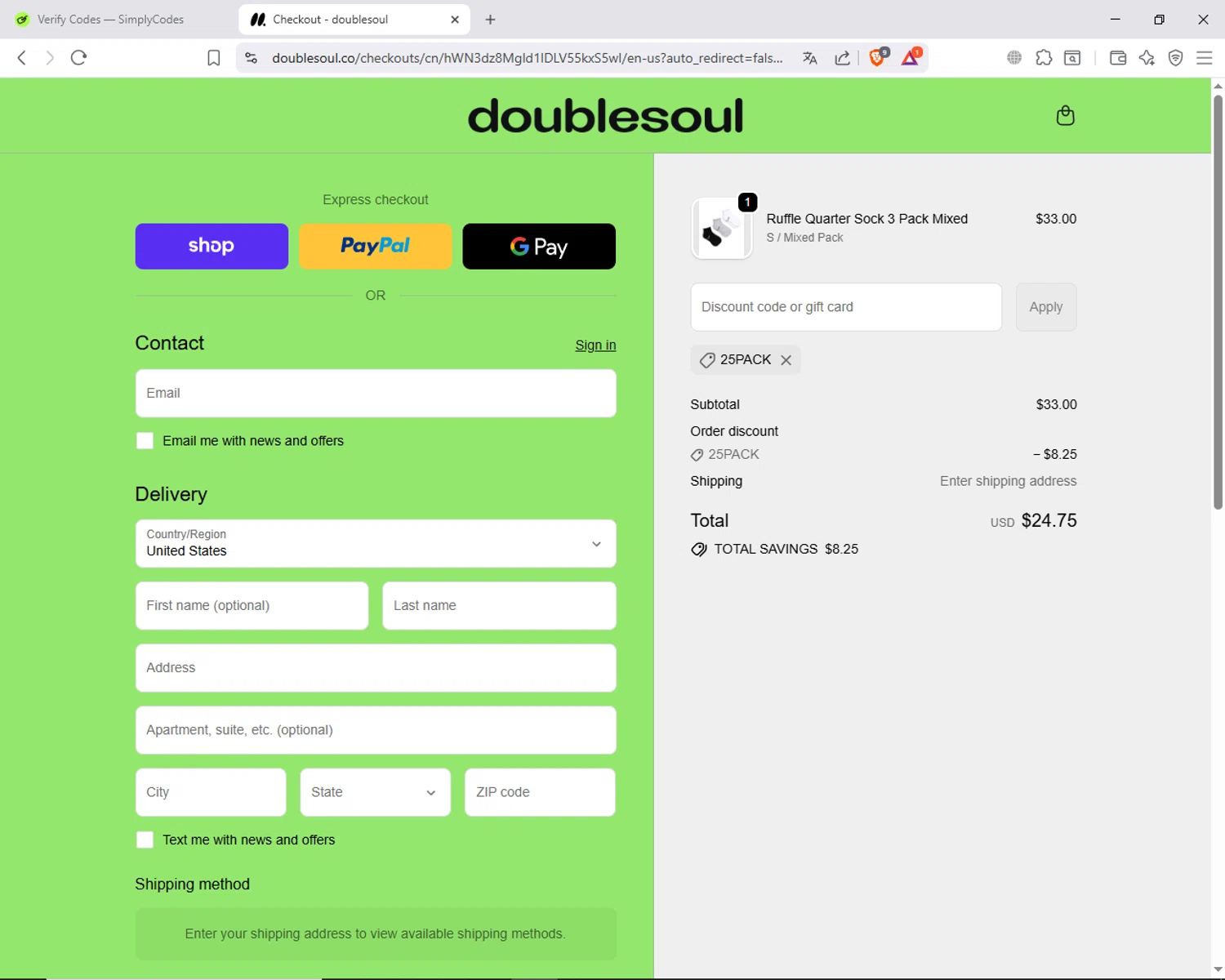 Doublesoul discount code screenshot showing code 25PACK applied at Doublesoul checkout page. Uploaded by SimplyCodes community member ShieldAdmiral6835 on Oct 2, 2025