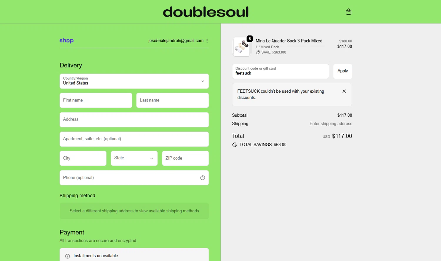 Doublesoul discount code screenshot showing code feetsuck applied at Doublesoul checkout page. Uploaded by SimplyCodes community member Culebraparada on Dec 9, 2025