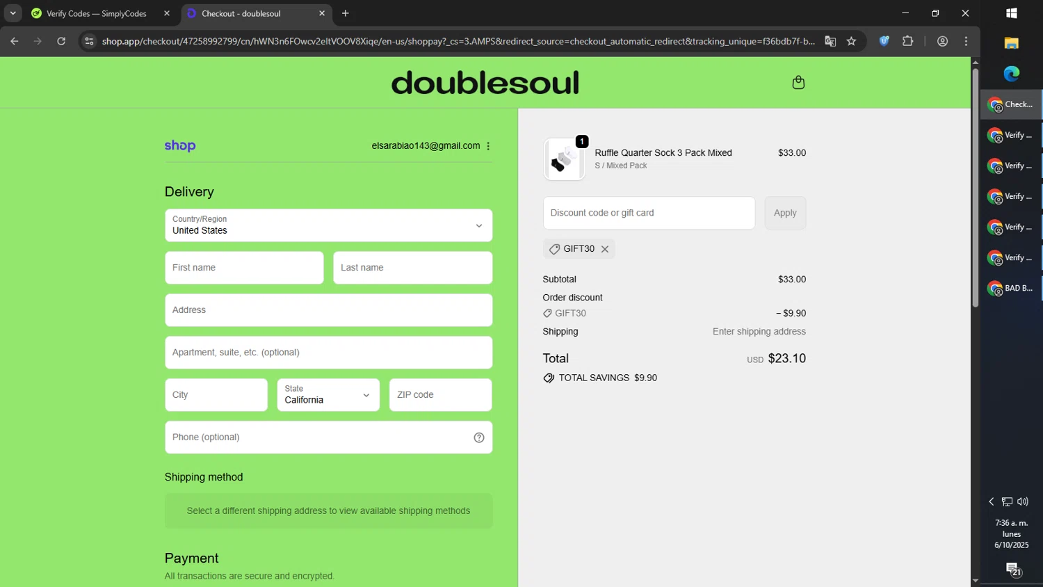 Doublesoul discount code screenshot showing code GIFT30 applied at Doublesoul checkout page. Uploaded by SimplyCodes community member MoneyPilot9165 on Oct 6, 2025