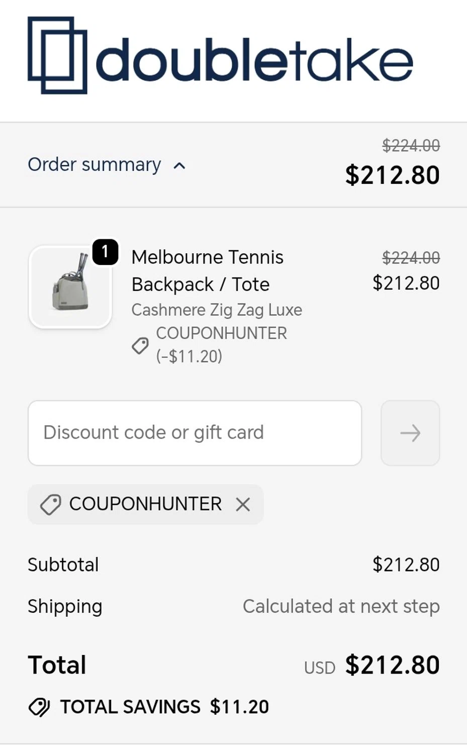 Doubletake coupon code screenshot showing code COUPONHUNTER applied at Doubletake checkout page. Uploaded by SimplyCodes community member CleverPioneer8118 on Sep 19, 2025