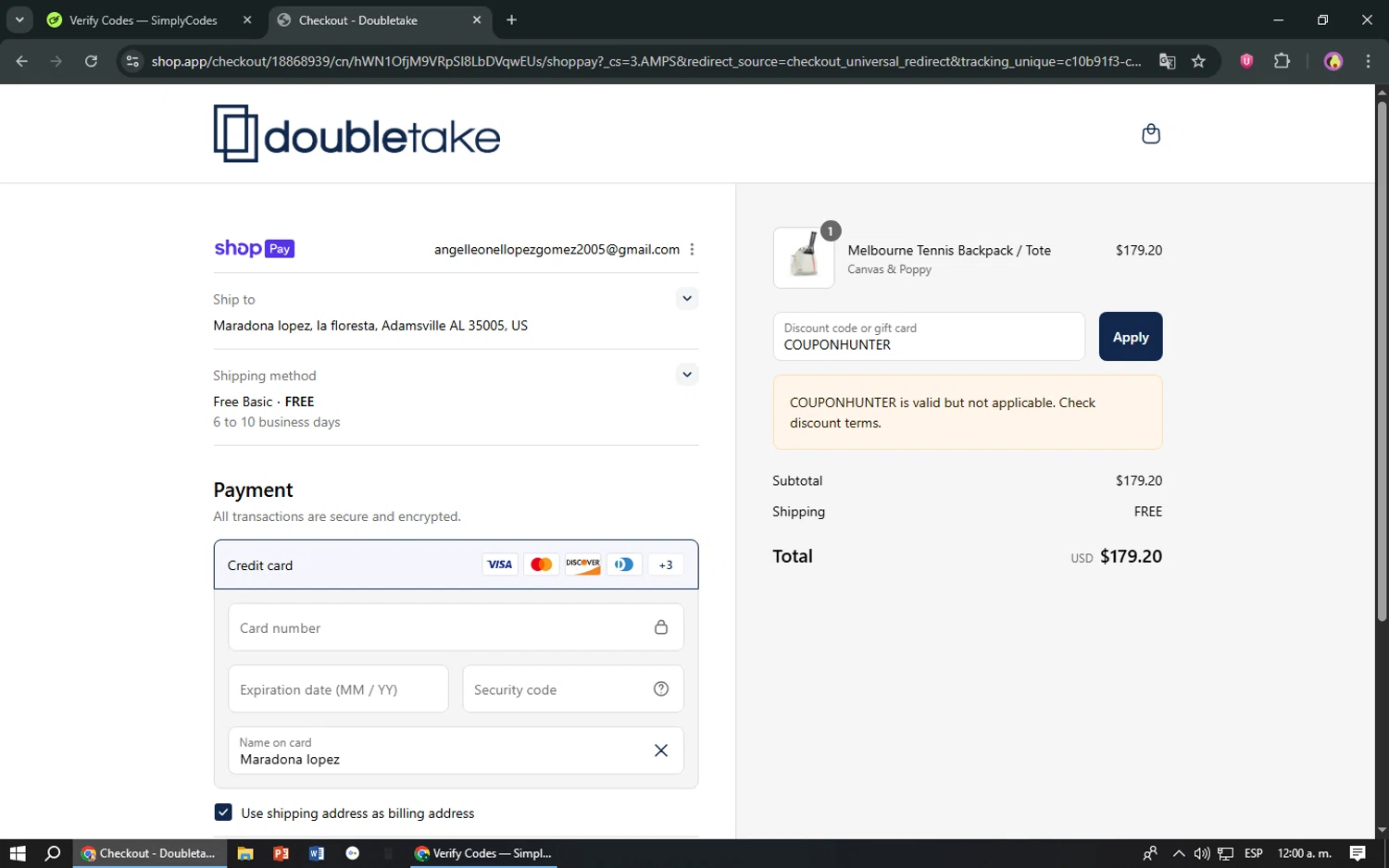 Doubletake coupon code screenshot showing code COUPONHUNTER applied at Doubletake checkout page. Uploaded by SimplyCodes community member TreasureShopper9156 on Aug 4, 2025