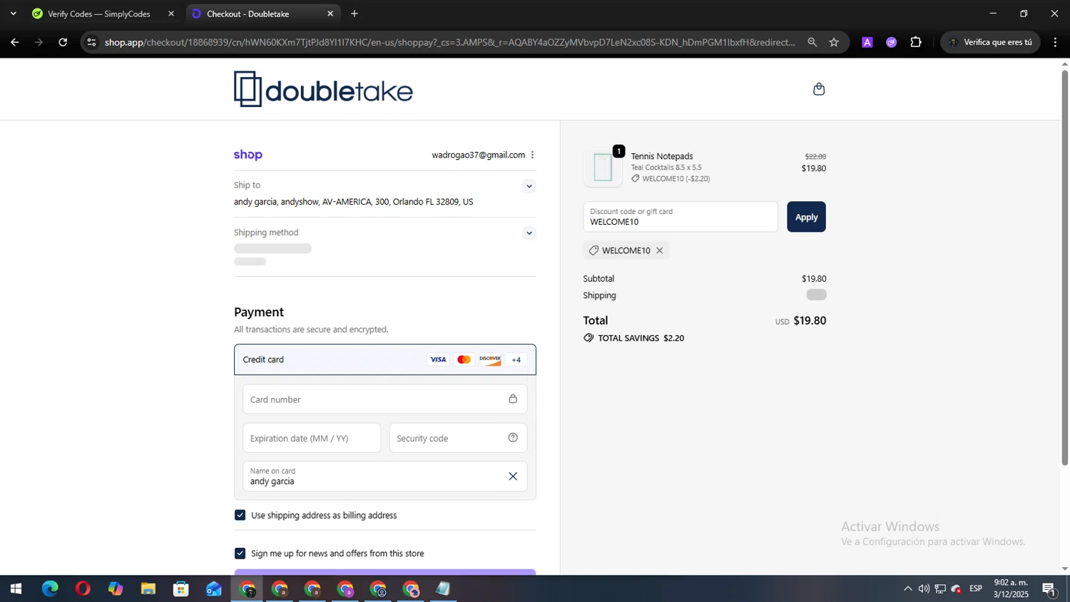 Doubletake coupon code screenshot showing code WELCOME10 applied at Doubletake checkout page. Uploaded by SimplyCodes community member Andy2323 on Dec 3, 2025
