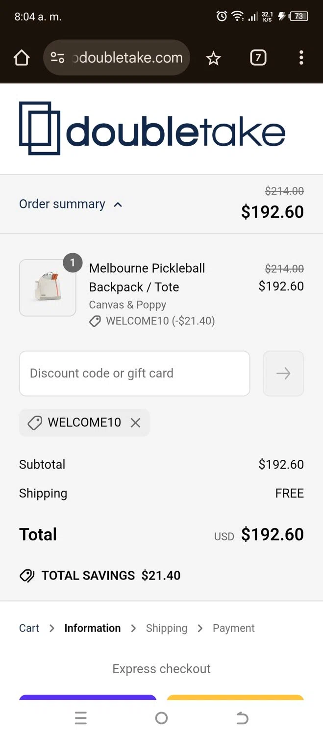 Doubletake coupon code screenshot showing code WELCOME10 applied at Doubletake checkout page. Uploaded by SimplyCodes community member jorgeston on Jun 30, 2025