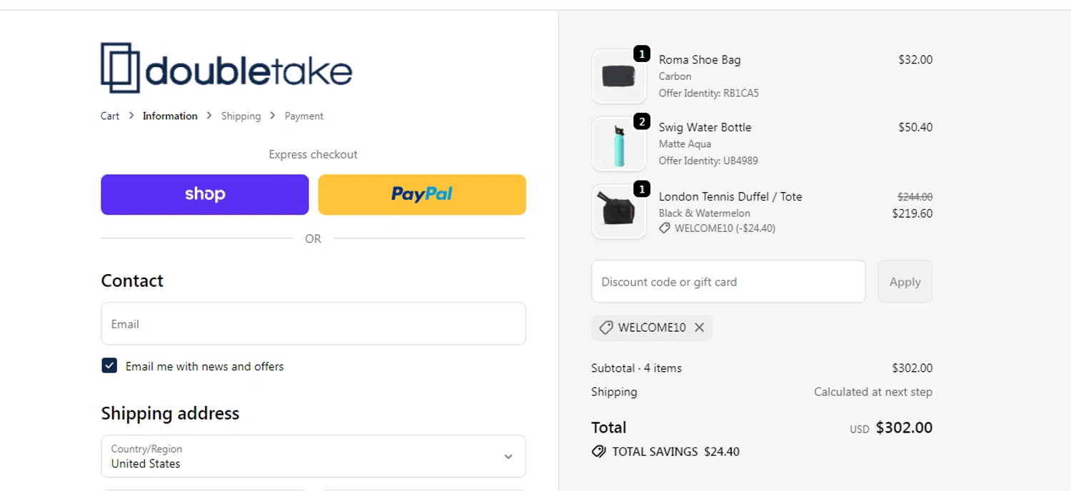 Doubletake coupon code screenshot showing code WELCOME10 applied at Doubletake checkout page. Uploaded by SimplyCodes community member obito1234 on Dec 21, 2025
