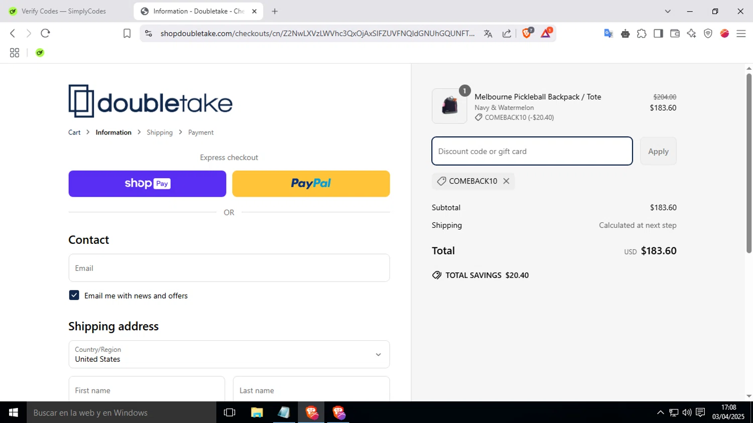 Doubletake coupon code screenshot showing code COMEBACK10 applied at Doubletake checkout page. Uploaded by SimplyCodes community member FrugalKnight7213 on Apr 3, 2025