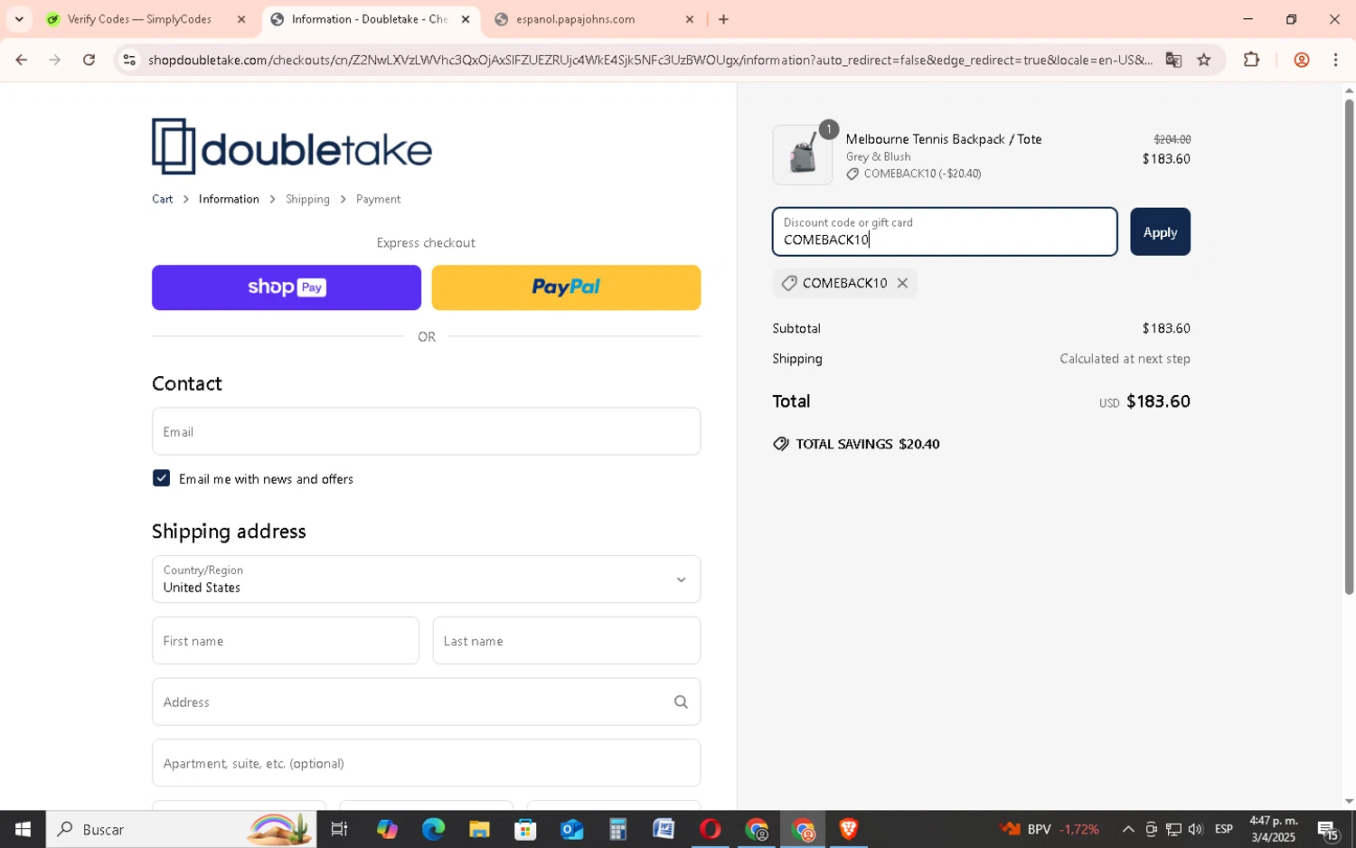 Doubletake coupon code screenshot showing code COMEBACK10 applied at Doubletake checkout page. Uploaded by SimplyCodes community member EpicSage3474 on Apr 3, 2025