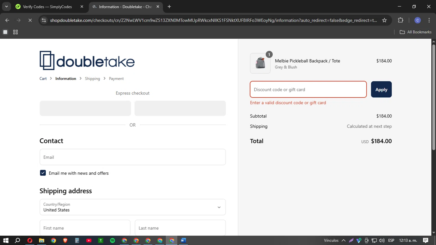 Doubletake coupon code screenshot showing code SPRING20 applied at Doubletake checkout page. Uploaded by SimplyCodes community member Cotu1208 on Apr 4, 2025