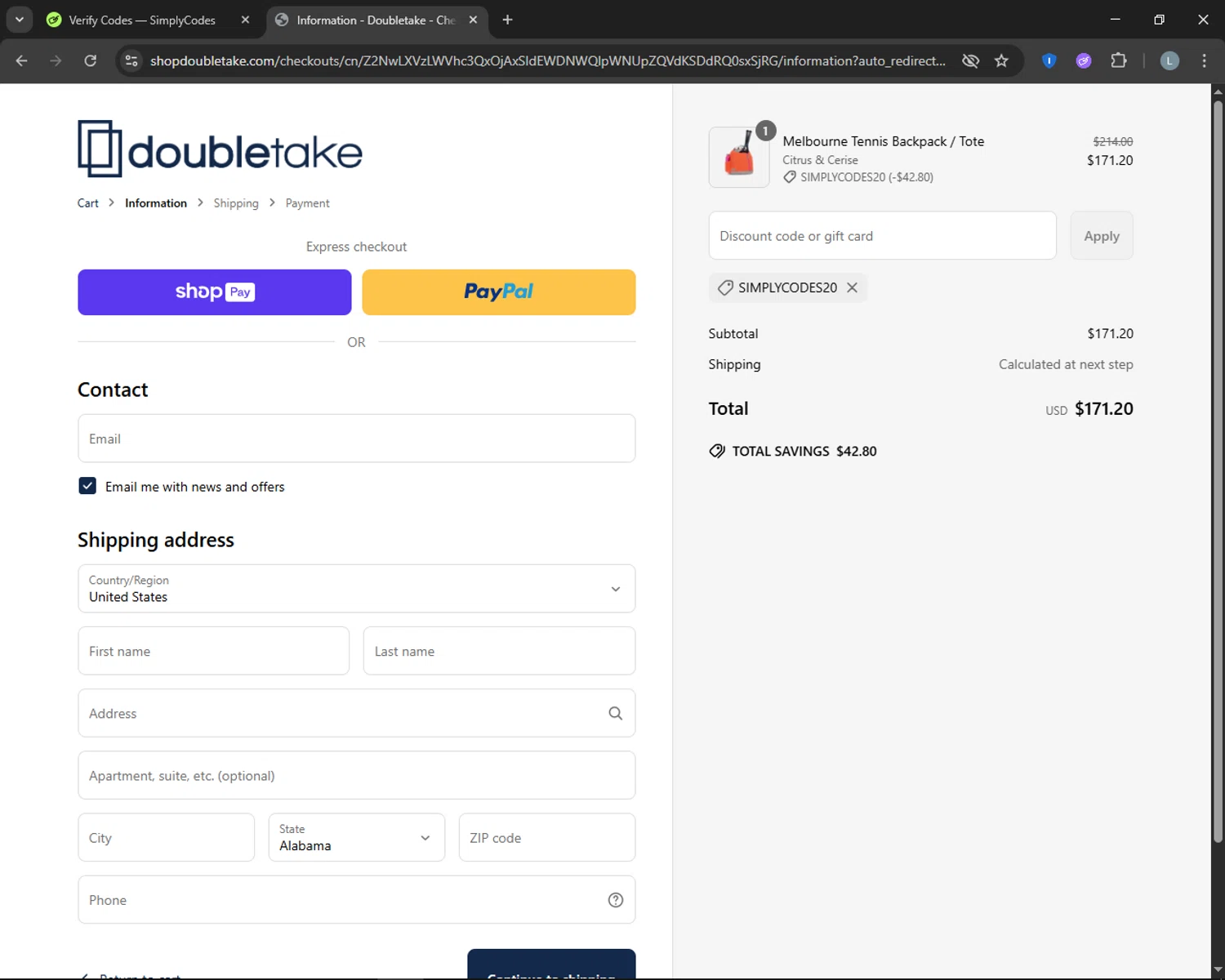 Doubletake coupon code screenshot showing code SIMPLYCODES20 applied at Doubletake checkout page. Uploaded by SimplyCodes community member CashTracker4266 on May 29, 2025