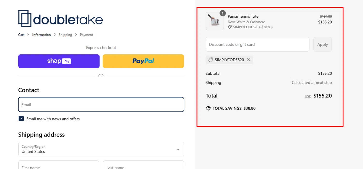 Doubletake coupon code screenshot showing code SIMPLYCODES20 applied at Doubletake checkout page. Uploaded by SimplyCodes community member Swiftdealz on Mar 30, 2025