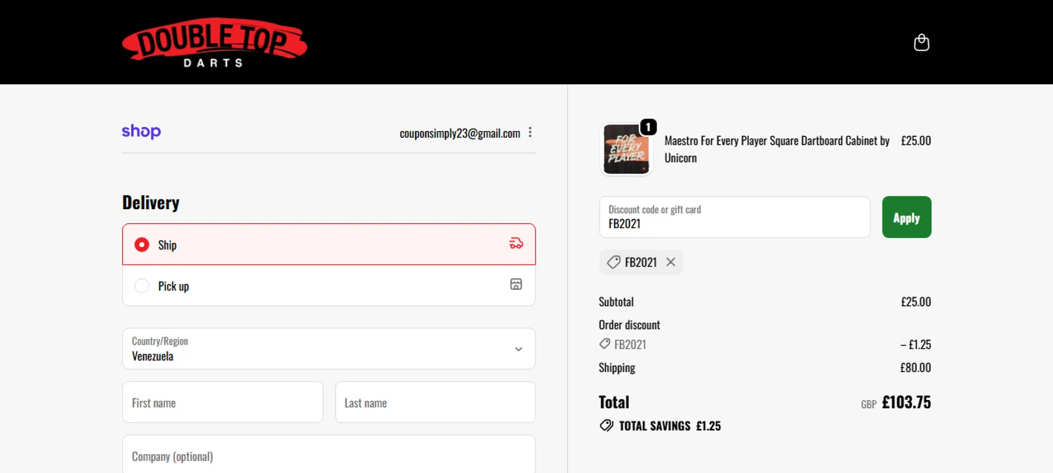 Double Top Darts discount code screenshot showing code FB2021 applied at Double Top Darts checkout page. Uploaded by SimplyCodes community member Chrisyks on Nov 24, 2025