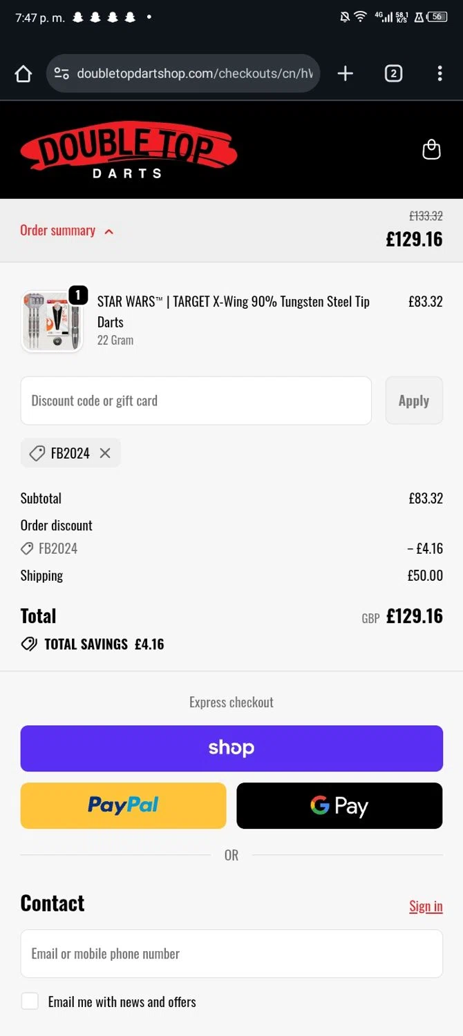 Double Top Darts discount code screenshot showing code FB2024 applied at Double Top Darts checkout page. Uploaded by SimplyCodes community member Nickurtdale on Nov 1, 2025