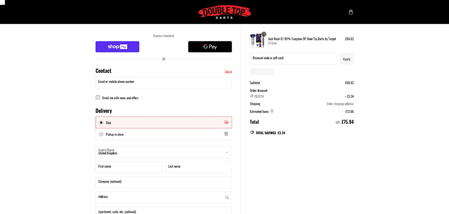 Double Top Darts discount code screenshot showing code FB2024 applied at Double Top Darts checkout page. Uploaded by SimplyCodes community member SilverPioneer1110 on Jan 24, 2025