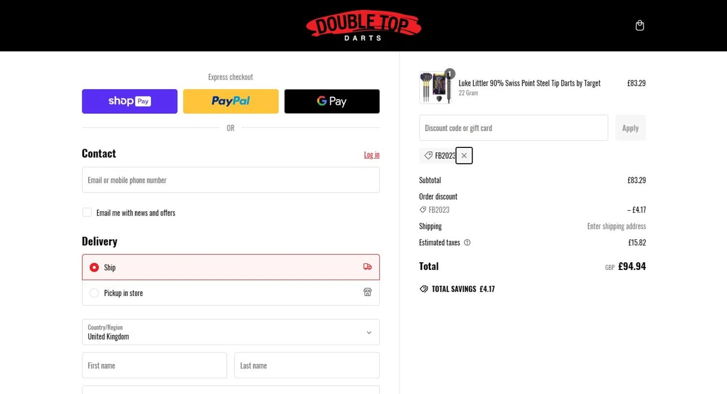 Double Top Darts discount code screenshot showing code FB2023 applied at Double Top Darts checkout page. Uploaded by SimplyCodes community member TOTONEROFL on Jan 10, 2025