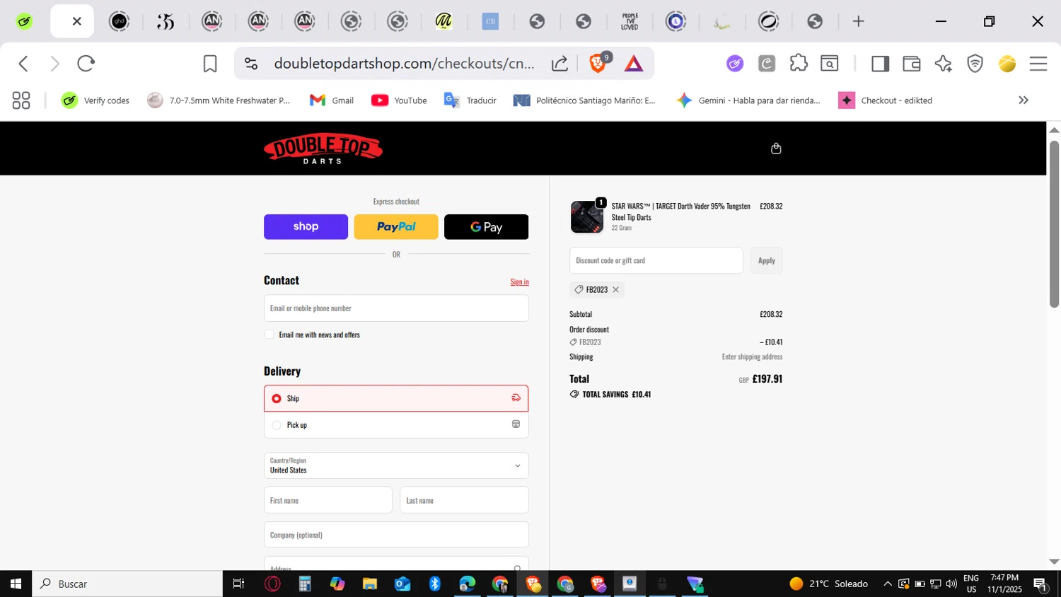 Double Top Darts discount code screenshot showing code FB2023 applied at Double Top Darts checkout page. Uploaded by SimplyCodes community member conorgrey on Nov 1, 2025