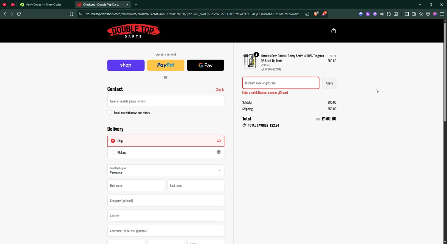 Double Top Darts discount code screenshot showing code BF20 applied at Double Top Darts checkout page. Uploaded by SimplyCodes community member BonusShopper4099 on Nov 29, 2025
