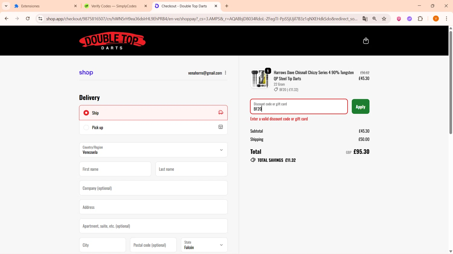 Double Top Darts discount code screenshot showing code BF20 applied at Double Top Darts checkout page. Uploaded by SimplyCodes community member FortunateFinder9465 on Nov 29, 2025