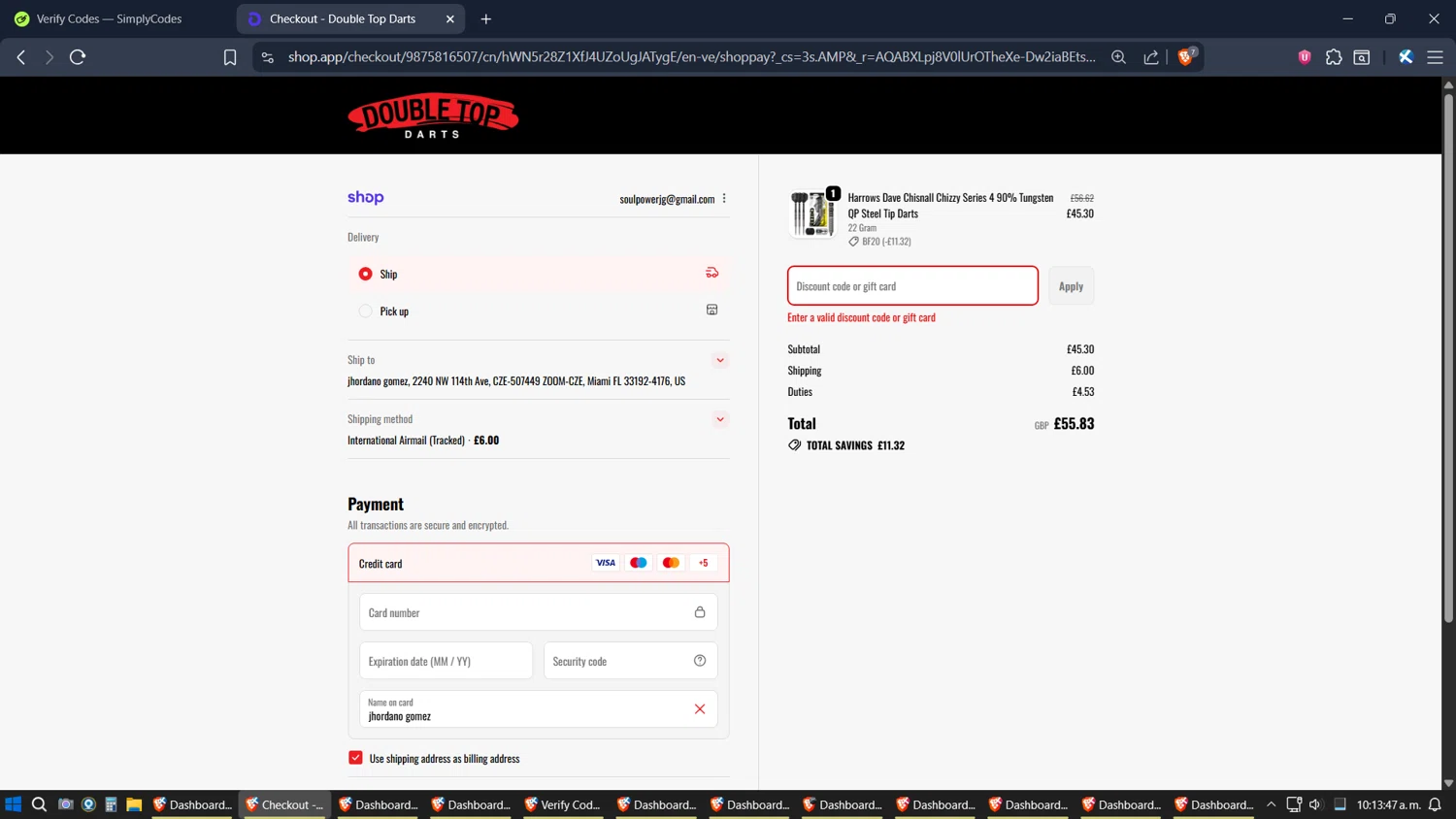 Double Top Darts discount code screenshot showing code BF20 applied at Double Top Darts checkout page. Uploaded by SimplyCodes community member verifier_983798000 on Nov 29, 2025
