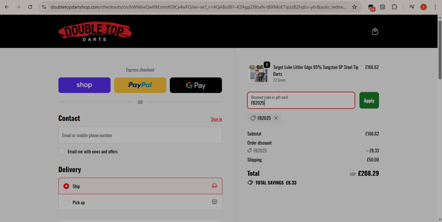 Double Top Darts discount code screenshot showing code FB2025 applied at Double Top Darts checkout page. Uploaded by SimplyCodes community member CashMaverick1144 on Dec 28, 2025