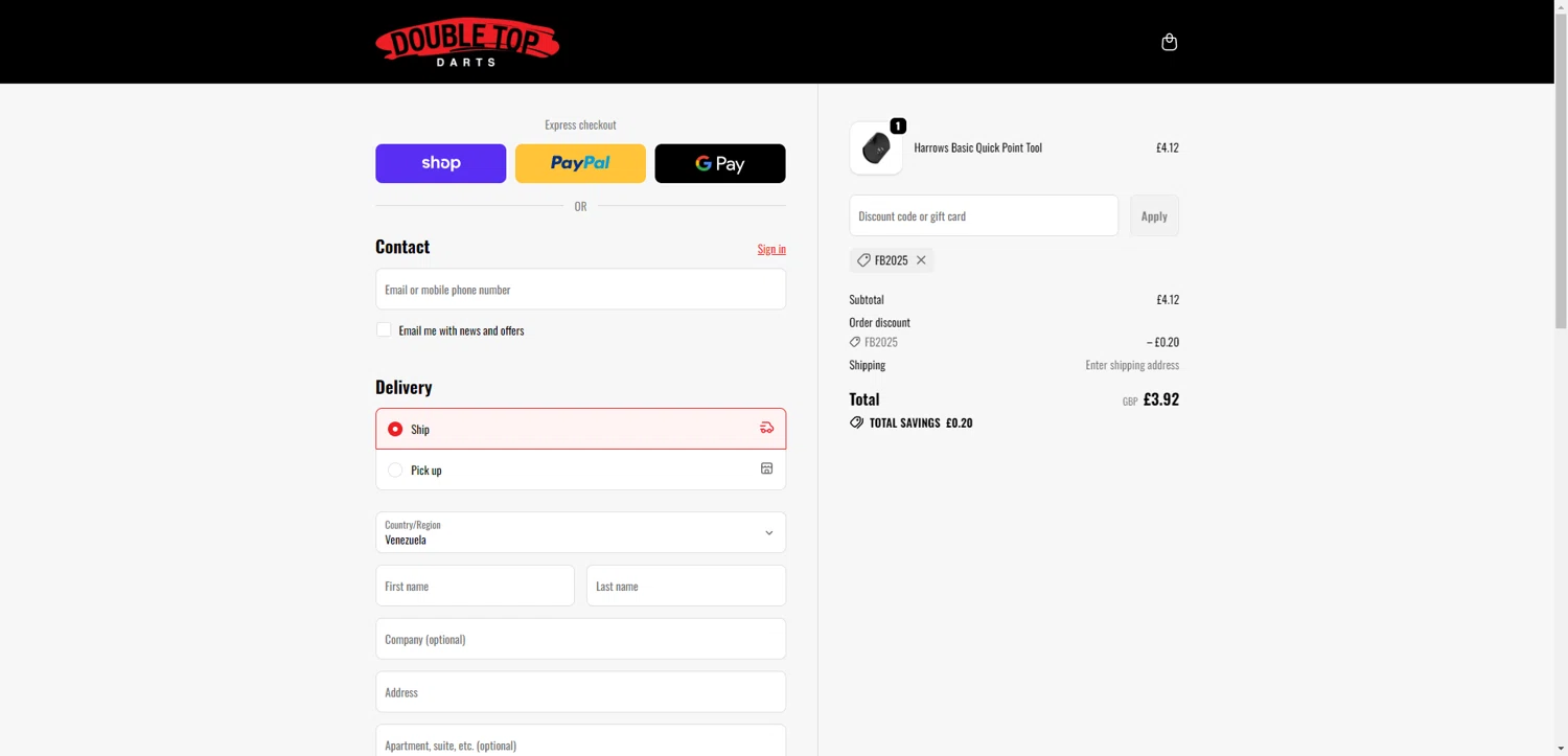 Double Top Darts discount code screenshot showing code FB2025 applied at Double Top Darts checkout page. Uploaded by SimplyCodes community member ValiantAce1810 on Dec 4, 2025