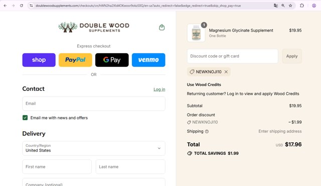 Double Wood Supplements checkout page showing Double Wood Supplements discount code box | Screenshot taken by SimplyCodes community member on Sep 7, 2025