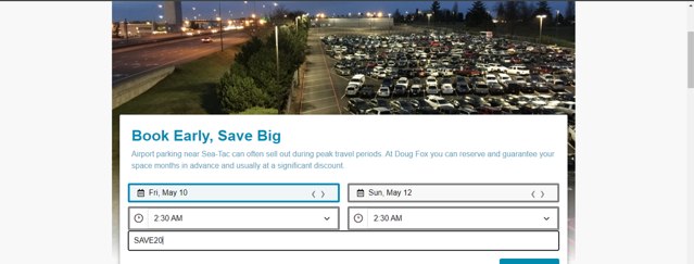 Doug Fox Parking checkout page showing Doug Fox Parking promo code box | Screenshot taken by SimplyCodes community member on May 10, 2024