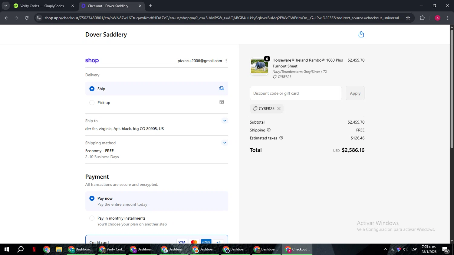 Dover Saddlery promo code screenshot showing code CYBER25 applied at Dover Saddlery checkout page. Uploaded by SimplyCodes community member BMWGS1200 on Jan 28, 2026