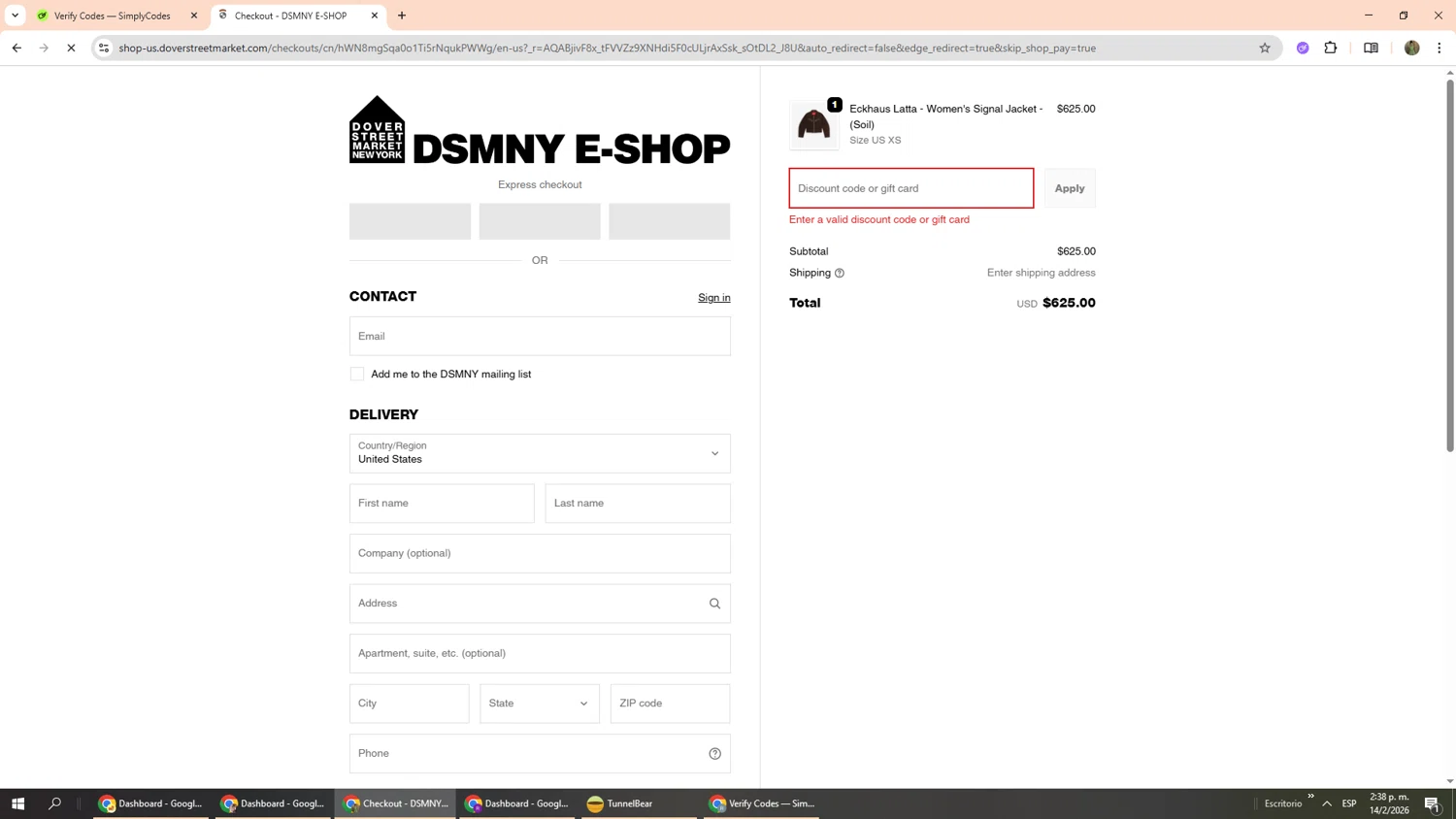 Dover Street Market discount code screenshot showing code SORRY10 applied at Dover Street Market checkout page. Uploaded by SimplyCodes community member Phoenix585 on Feb 14, 2026