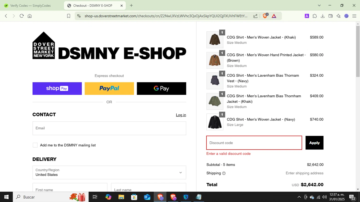 Dover Street Market discount code screenshot showing code SORRY10 applied at Dover Street Market checkout page. Uploaded by SimplyCodes community member MightyLynx2818 on Jan 31, 2025